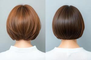 Transforming hairstyles with a sleek bob cut featuring rich brown and warm chestnut tones for a stylish look photo