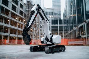 Construction site with modern excavator working on urban development in high-rise area during cloudy day photo