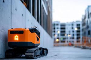 Robot surveying construction site during evening hours with modern buildings in background photo