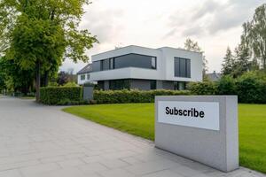 Modern architecture of a sleek house with a unique landscaping design and a stone sign inviting visitors, Real estate by subscription photo