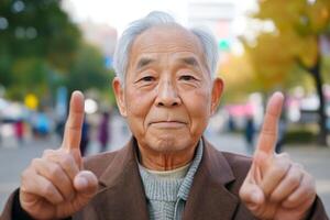 Elderly man signaling a number while smiling in a lively urban park during autumn afternoon photo