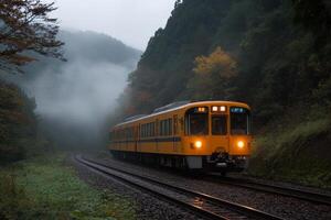 Train travels through misty mountains at dawn, showcasing serene landscapes and autumn foliage photo