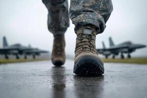 Military personnel walks confidently on runway beside fighter jets during cloudy weather photo