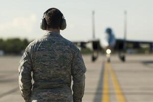 Military personnel observes fighter jet preparations on the runway during a clear day photo