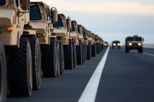 Military vehicles lined up on a highway during early morning hours showcasing readiness and organization in transport operations photo