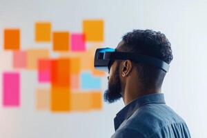 Engaging in virtual reality exploration with vibrant post-it notes in the background at a creative workspace photo