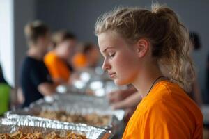 Volunteers prepare meals in an indoor kitchen during a community service event focused on helping others photo