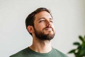 Man with beard and neutral expression gazes upwards in a bright indoor space with indoor plants in the background photo