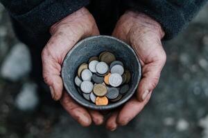 Hands holding a bowl full of coins showcasing the impact of charity and giving in everyday life photo