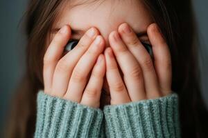 Young girl hiding her face with hands, showcasing a moment of shyness or playfulness indoors photo