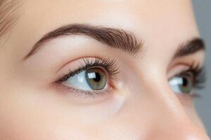 Close-up view of an expressive eye with natural lashes and well-defined eyebrows photo