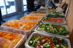 Freshly prepared vegetables displayed at a community event for healthy eating in winter photo