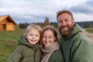 Happy family enjoys a day outdoors in a natural setting with a wooden cabin nearby photo