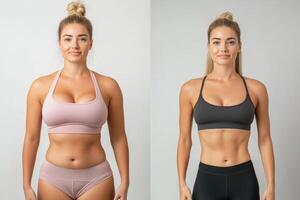 Fitness transformation showcasing a woman before and after body sculpting in a neutral studio setting photo