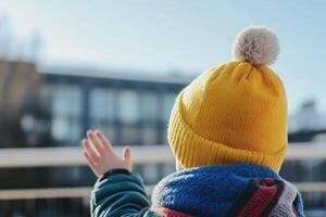 Child waves goodbye while wearing a bright yellow hat during a sunny winter day outside a building photo