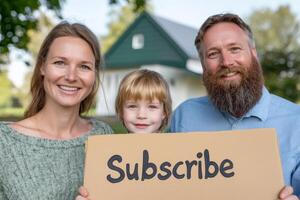 Family holds sign encouraging subscriptions in a sunny outdoor setting near their home photo