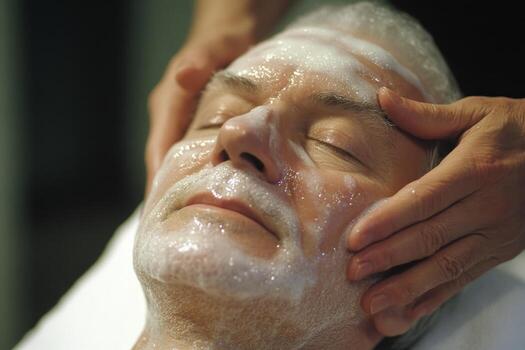 relajación experiencia para un hombre disfrutando un facial tratamiento a un spa en un sereno ajuste foto