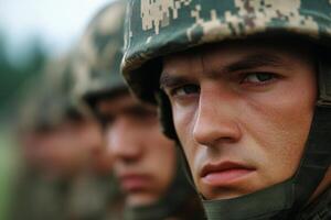 Soldiers in formation during training exercises at dawn in a military camp setting photo