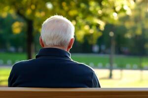 Elderly man enjoying a peaceful moment on a bench in a green park during golden hour photo