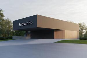 Modern building with the word Subscribe displayed prominently, surrounded by greenery and clear skies. Rent the future, real estate for a subscription. photo