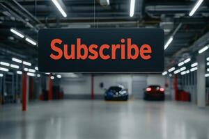 Bright subscribe sign hanging in a modern parking garage with cars in the background during daytime photo