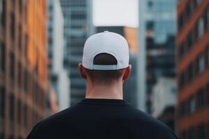 Individual wearing a white cap stands in an urban setting surrounded by tall buildings at sunset photo