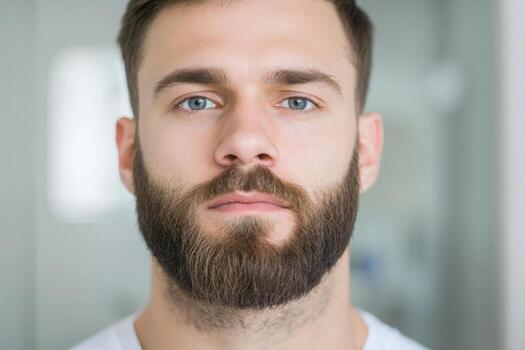 confidente hombre con un barba y sorprendentes azul ojos en un brillante interior ajuste foto