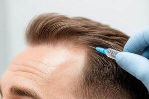 Hair restoration treatment with microneedling technique being applied on scalp photo