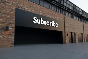 Modern building with a large subscribe sign highlighting engagement in a contemporary space. Rent the future, real estate for a subscription. photo