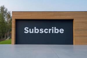 Large subscribe mural on modern building exterior in an urban setting during daytime. Rent the future, garage for a subscription. photo