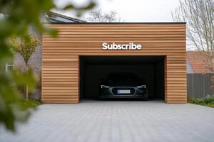 Modern garage with a sleek car parked inside and a subscribe sign above the door in a suburban neighborhood. Rent the future, garage for a subscription. photo