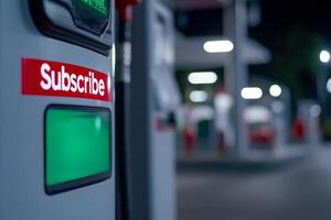 Nighttime view of a gas station pump with a subscribe prompt illuminated in green and red light photo