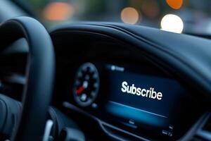 Car dashboard display showing the word Subscribe while driving in an urban area during twilight hours photo