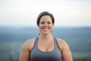 Strong woman smiles confidently against a scenic outdoor backdrop during daylight photo