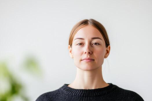 Portrait of a woman with a calm expression in a minimalist setting, bathed in natural light during the day photo