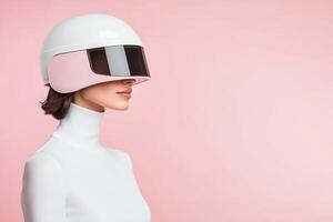Innovative fashion headgear highlighted against a pastel pink background showcasing modern design and technology on a model photo