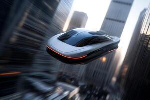 Futuristic flying vehicle navigating through a bustling city skyline at dusk photo