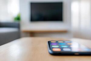 Modern living room featuring smartphone on wooden table with blurred television in background photo