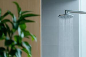 Modern showerhead releasing water in a stylish bathroom with greenery for a refreshing atmosphere photo