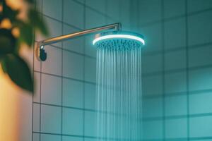 Modern shower head with ambient lighting creates a relaxing atmosphere in a contemporary bathroom setting photo