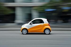 Compact car drives through city streets in a lively urban environment during daylight hours photo