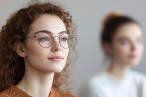 Young woman with curly hair and glasses focused on a discussion in a modern setting during a workshop photo