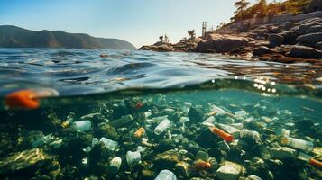 close up of the coastline with a view above and below the water, the bottom is littered with garbage during the daytime in summer photo