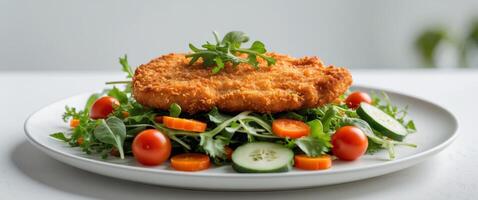Delicious Breaded Chicken Cutlet with Fresh Colorful Salad photo