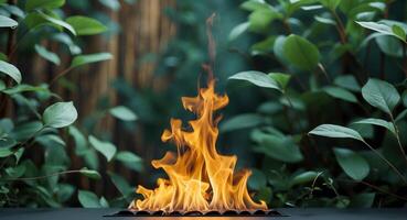 Modern Fireplace with Flames and Greenery in Background photo