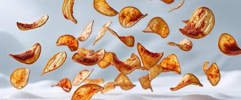 Crispy potato chips with a flavorful spice coating dynamically floating on a white surface photo
