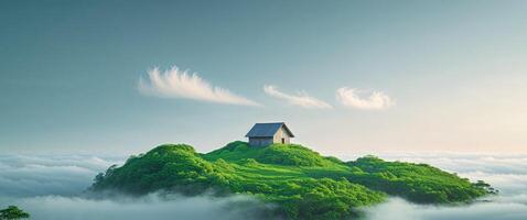 an island with a house floating in the sky photo