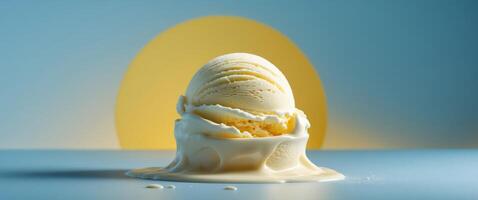 A Delicious and Creamy Ice Cream Scoop presented on a Bright and Colorful Background. photo