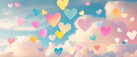 Colorful Floating Hearts in a Dreamy Sky with Soft Clouds and Bright Background. photo