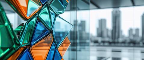 Abstract glass wall with colorful geometric shapes and blurred building background photo